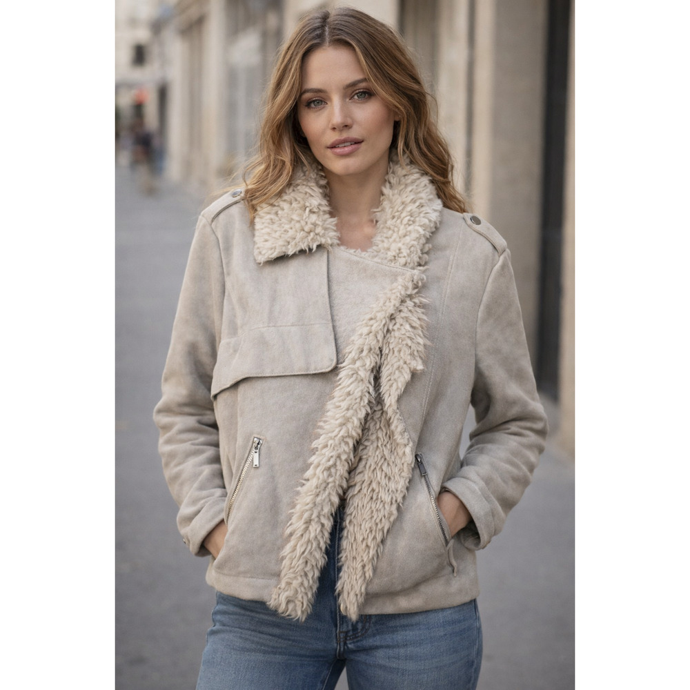 JouJou Faux Suede Penny Lane Jacket  Fur Trim Cropped Moto Coat Boho Chic Y2K XL